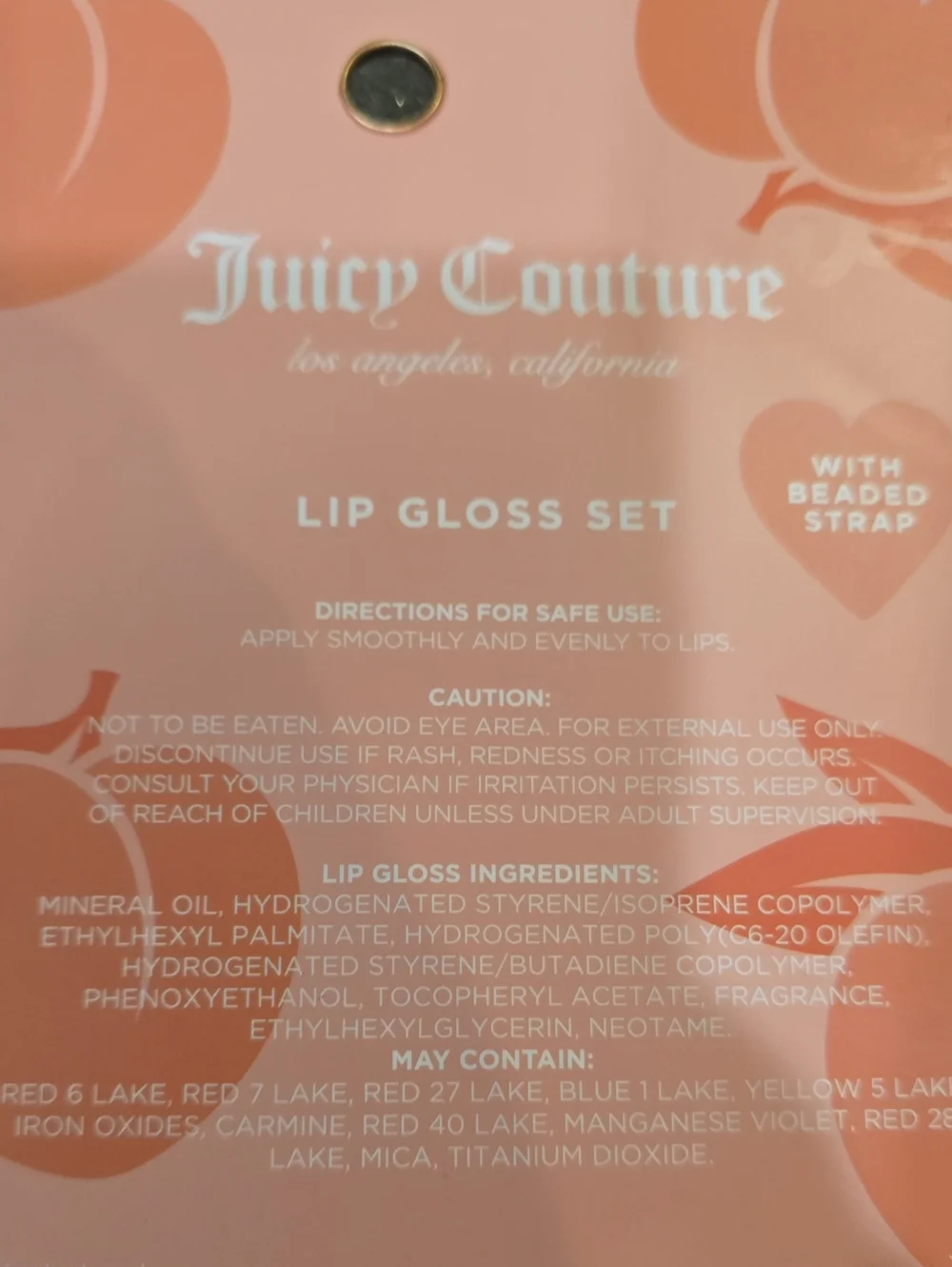 Juicy Couture Peach Lip Gloss Duo w/Beaded Charm Strap